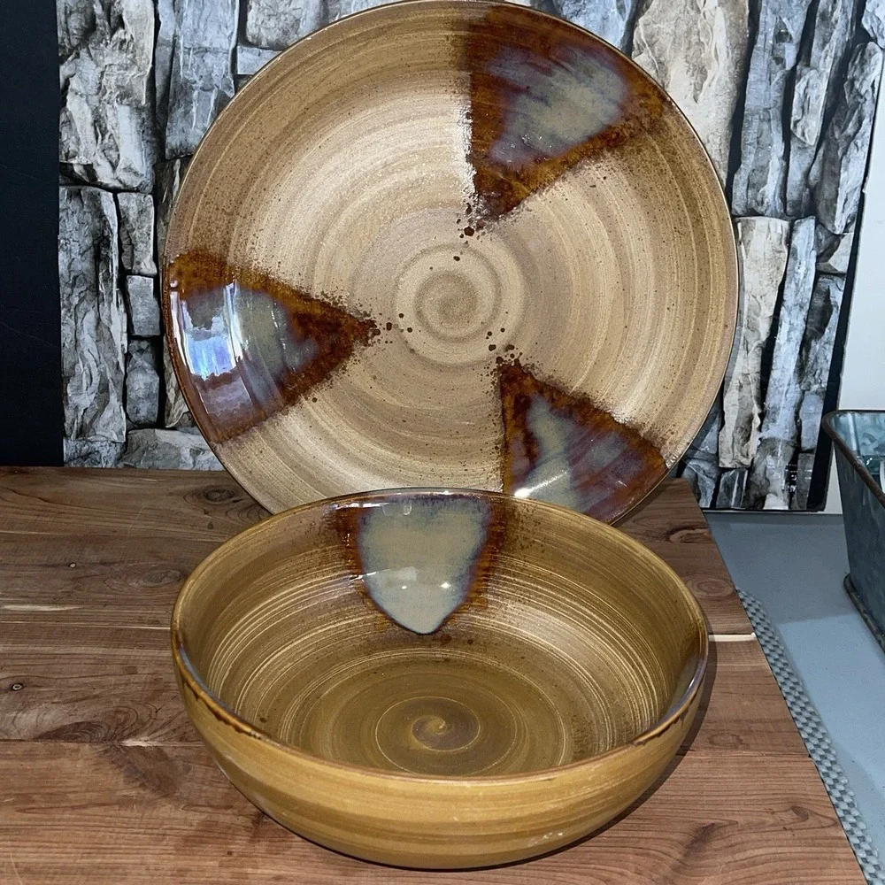 SET OF 2 SANGO SPLASH 4951 BROWN TAN DRIP GLAZED STONEWARE Plate & Bowl